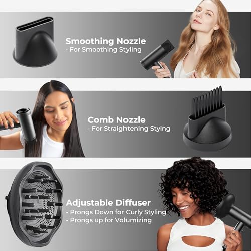 TYMO Hair Dryer with Diffuser for Women - 1500W Professional High Speed Blow Dryer with Comb, 110,000RPM Fast Dry, 200 Million Ionic Hairdryer, 4 Temps & 3 Speeds, 8 Ft Cord for Salon, Graphite : Beauty & Personal Care - Image 3