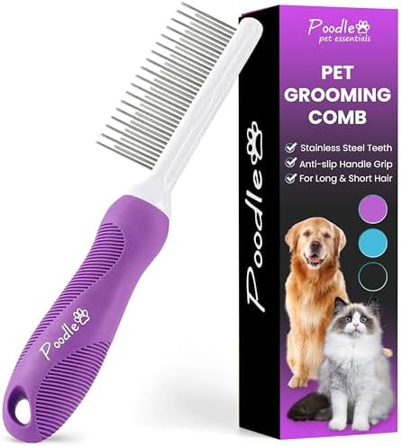 Poodle Pet Detangling Pet Comb with Long & Short Stainless Steel Teeth for Removing Matted Fur, Knots & Tangles – Detangler Tool Accessories for Safe & Gentle DIY Dog & Cat Grooming : Pet Supplies