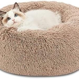 Bedsure Calming Cat Beds for Indoor Cats - Small Cat Bed Washable 20 inches, Anti-Slip Round Fluffy Plush Faux Fur Pet Bed, Fits up to 15 lbs Pets, Camel : Pet Supplies